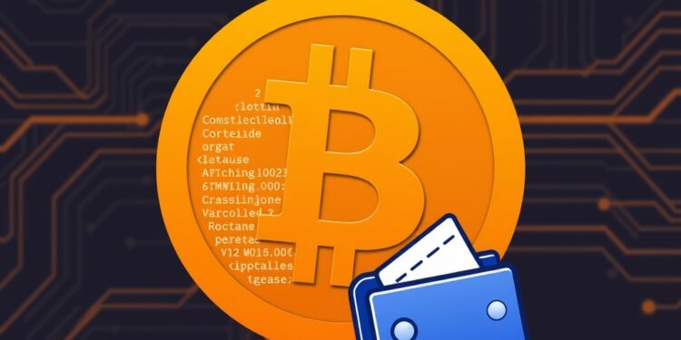 Bitcoin logo with code and a digital wallet representing a Bitcoin Core update