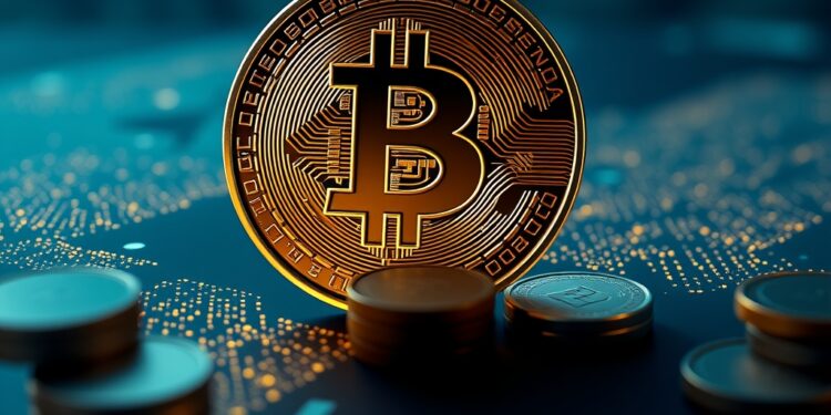 Bitcoin coin set against global central bank reserves and world currencies