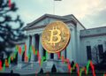 Bitcoin with Federal Reserve building and volatile market charts