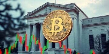 Bitcoin with Federal Reserve building and volatile market charts