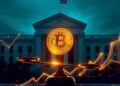 Bitcoin coin balanced on a scale against a Federal Reserve building silhouette with capital-rotation data streams