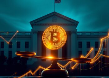 Bitcoin coin balanced on a scale against a Federal Reserve building silhouette with capital-rotation data streams