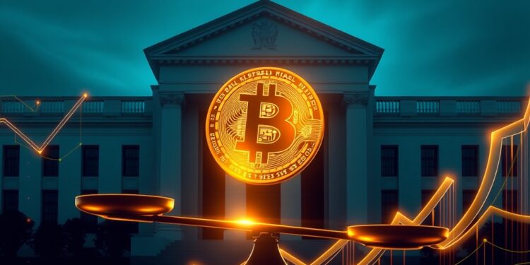 Bitcoin coin balanced on a scale against a Federal Reserve building silhouette with capital-rotation data streams