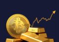 Bitcoin coin beside gold bars with correlation chart representing Bitcoin as digital gold