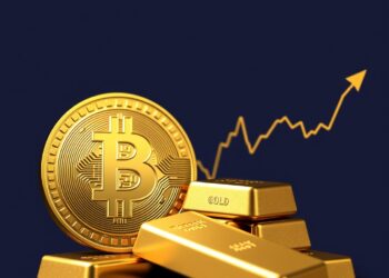 Bitcoin coin beside gold bars with correlation chart representing Bitcoin as digital gold