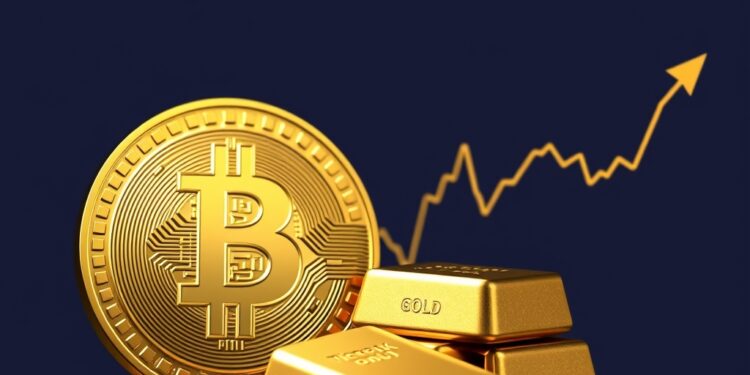 Bitcoin coin beside gold bars with correlation chart representing Bitcoin as digital gold