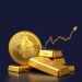 Bitcoin coin beside gold bars with correlation chart representing Bitcoin as digital gold