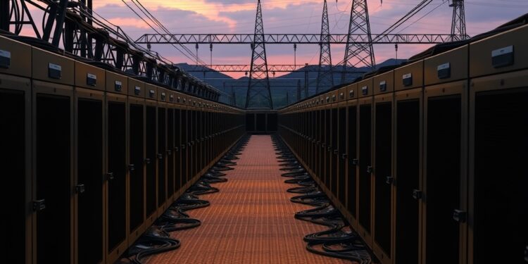 Idle Bitcoin mining machines in an industrial mining farm