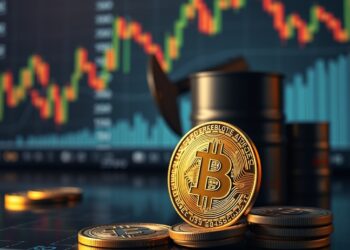 Bitcoin and crude oil barrels over a macro finance chart