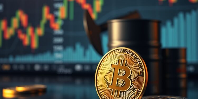 Bitcoin and crude oil barrels over a macro finance chart