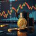 Bitcoin and crude oil barrels over a macro finance chart