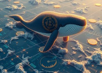 A giant Bitcoin whale in a digital ocean of on-chain data charts, representing whale signals