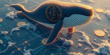 A giant Bitcoin whale in a digital ocean of on-chain data charts, representing whale signals