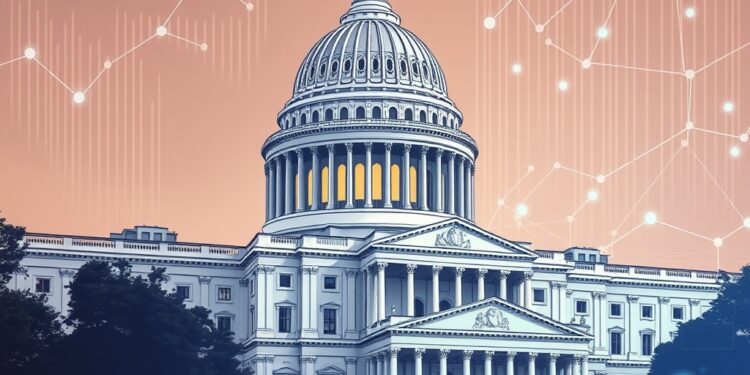 US Capitol with crypto blockchain overlay representing the CLARITY Act market structure bill