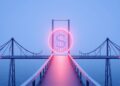 A digital dollar stablecoin bridge connecting to community banks, representing crypto payment infrastructure