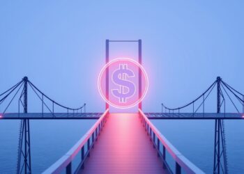 A digital dollar stablecoin bridge connecting to community banks, representing crypto payment infrastructure