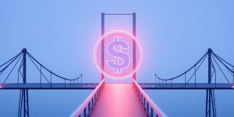 A digital dollar stablecoin bridge connecting to community banks, representing crypto payment infrastructure