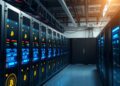 Bitcoin mining rigs and AI data center servers drawing power from an electric grid