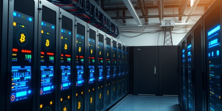 Bitcoin mining rigs and AI data center servers drawing power from an electric grid