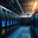 Bitcoin mining rigs and AI data center servers drawing power from an electric grid