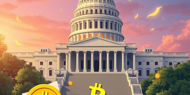US Capitol with crypto tax and Bitcoin imagery representing new crypto tax legislation