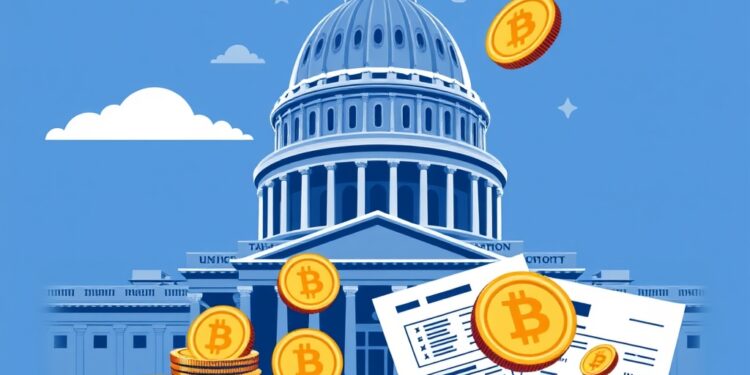 US Capitol with digital coins and tax forms representing crypto tax bill