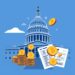 US Capitol with digital coins and tax forms representing crypto tax bill
