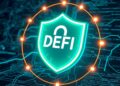 Digital shield cracking over a blockchain network, symbolizing DeFi attacks outside audit scope