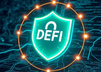 Digital shield cracking over a blockchain network, symbolizing DeFi attacks outside audit scope