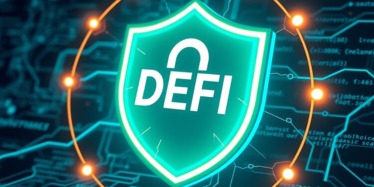 Digital shield cracking over a blockchain network, symbolizing DeFi attacks outside audit scope