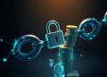 Broken blockchain chain link with a padlock and frozen coins conveying locked crypto liquidity and DeFi risk