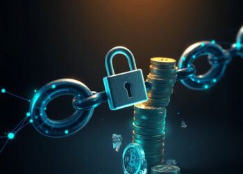 Broken blockchain chain link with a padlock and frozen coins conveying locked crypto liquidity and DeFi risk