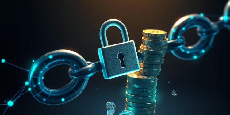 Broken blockchain chain link with a padlock and frozen coins conveying locked crypto liquidity and DeFi risk