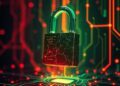 Abstract illustration of a DeFi lending security breach with a cracked padlock over a blockchain network