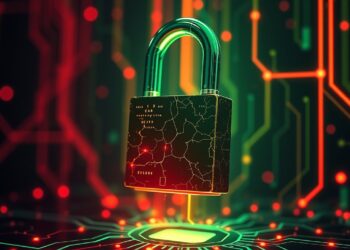Abstract illustration of a DeFi lending security breach with a cracked padlock over a blockchain network