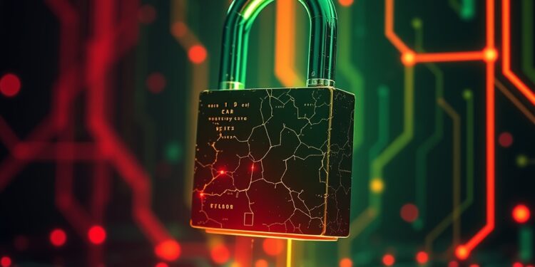 Abstract illustration of a DeFi lending security breach with a cracked padlock over a blockchain network