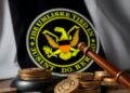 Department of Justice crypto enforcement with gavel and digital coins