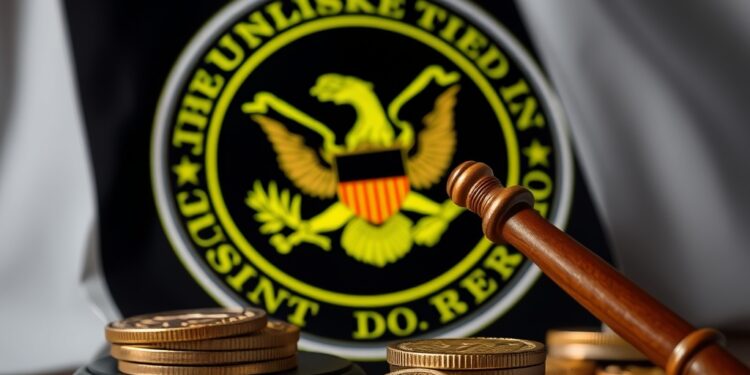 Department of Justice crypto enforcement with gavel and digital coins