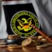 Department of Justice crypto enforcement with gavel and digital coins