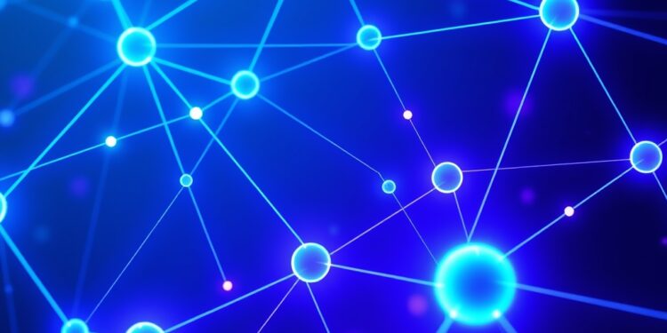 Interconnected blockchain nodes and glowing transaction pathways representing an Ethereum network upgrade