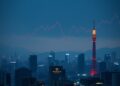 Rising Japanese government bond yields over Tokyo skyline