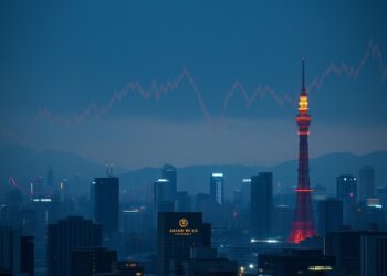 Rising Japanese government bond yields over Tokyo skyline