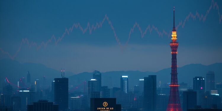 Rising Japanese government bond yields over Tokyo skyline
