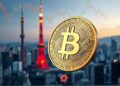 Bitcoin against Japanese bond market and Tokyo skyline representing macro pressure on BTC