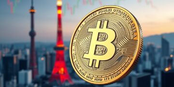 Bitcoin against Japanese bond market and Tokyo skyline representing macro pressure on BTC