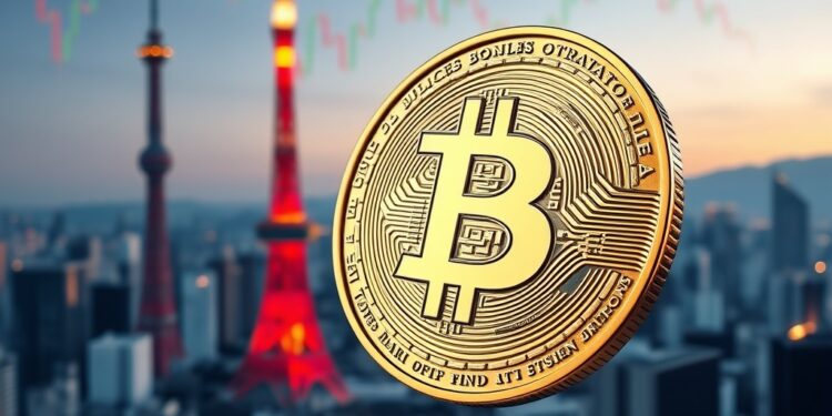 Bitcoin against Japanese bond market and Tokyo skyline representing macro pressure on BTC