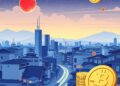 Modern illustration of a Japanese fintech district with digital yen stablecoin coins