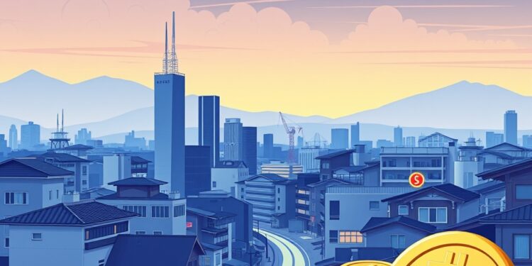 Modern illustration of a Japanese fintech district with digital yen stablecoin coins
