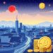 Modern illustration of a Japanese fintech district with digital yen stablecoin coins