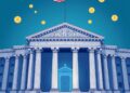 Illustration of a US regulatory building blended with digital crypto tokens